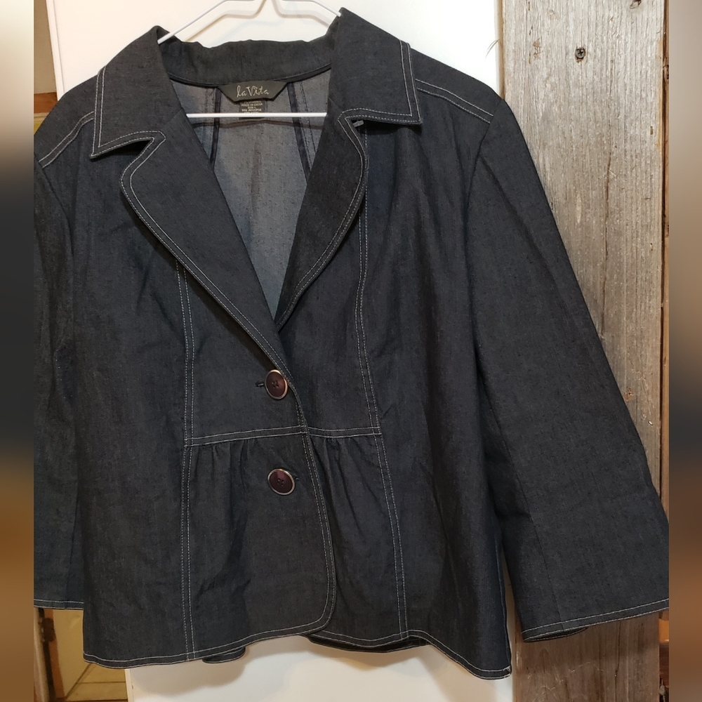 Blazer Cropped Jacket,dark Washed Denim Button Front Large,collar Peplum Office, - Picture 2 of 4